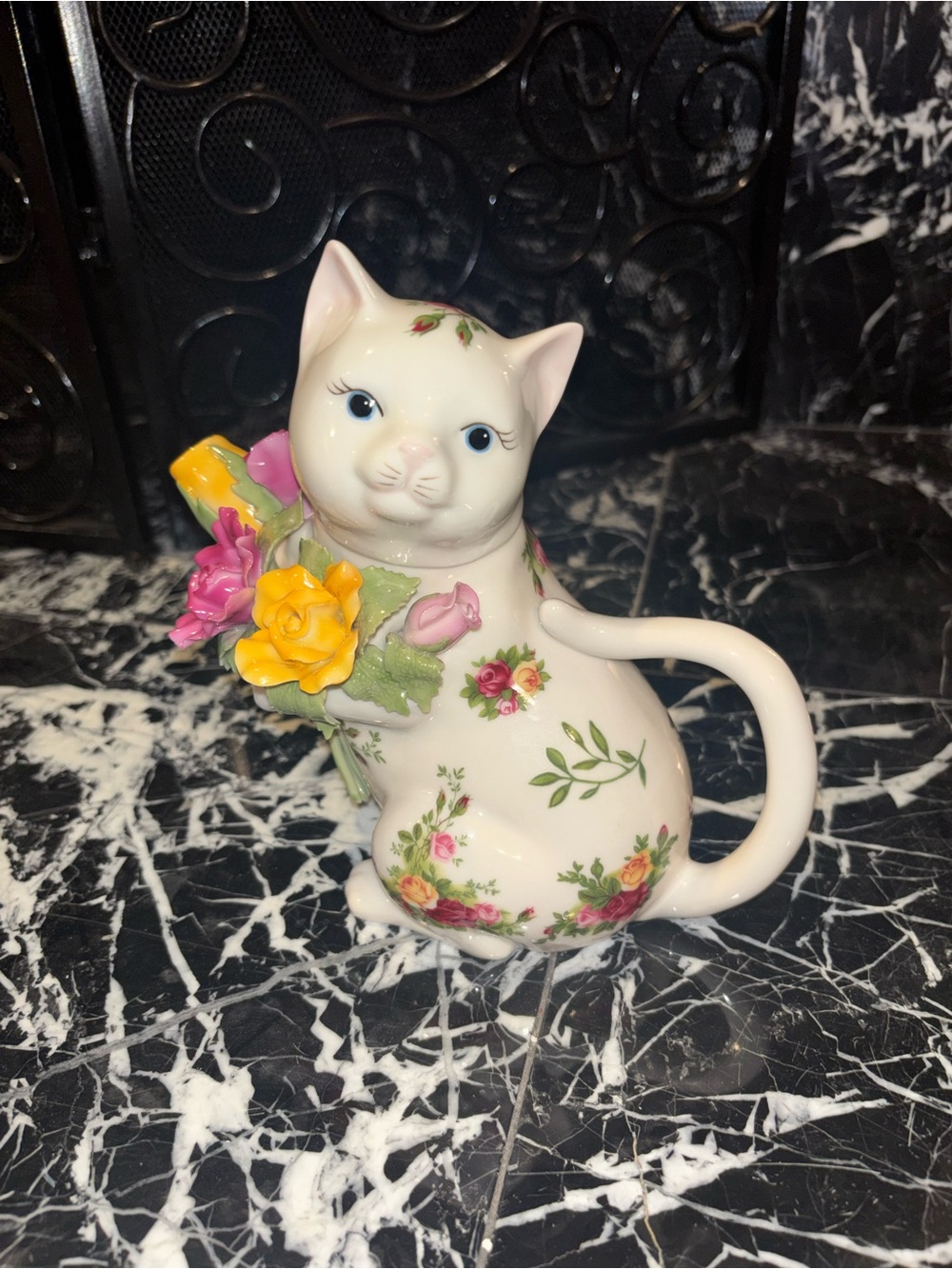 Royal Albert White Ceramic Cat Pitcher with Pink and Yellow Floral Bouquet